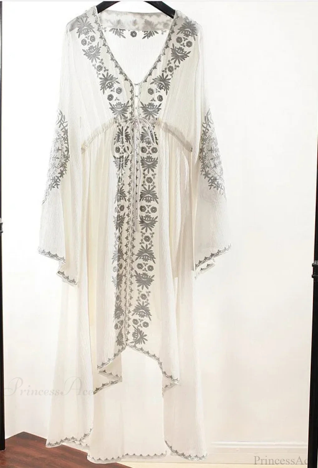 Long Sleeve Floral Embroidered Cotton Boho Dress WHITE / S bohocoverup-250126