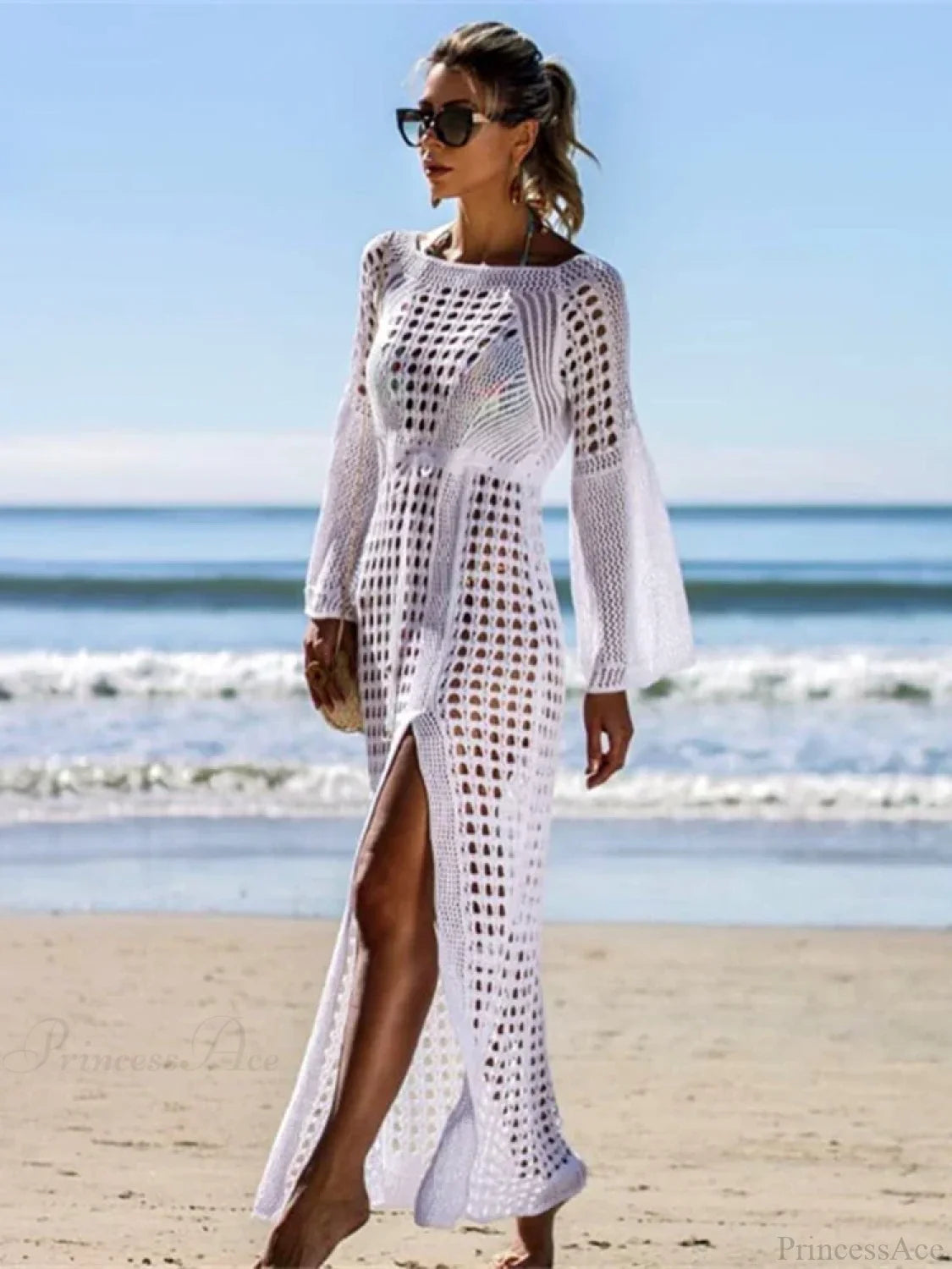 Long Sleeve Hollow Out Bikini Cover Up WHITE / One Size