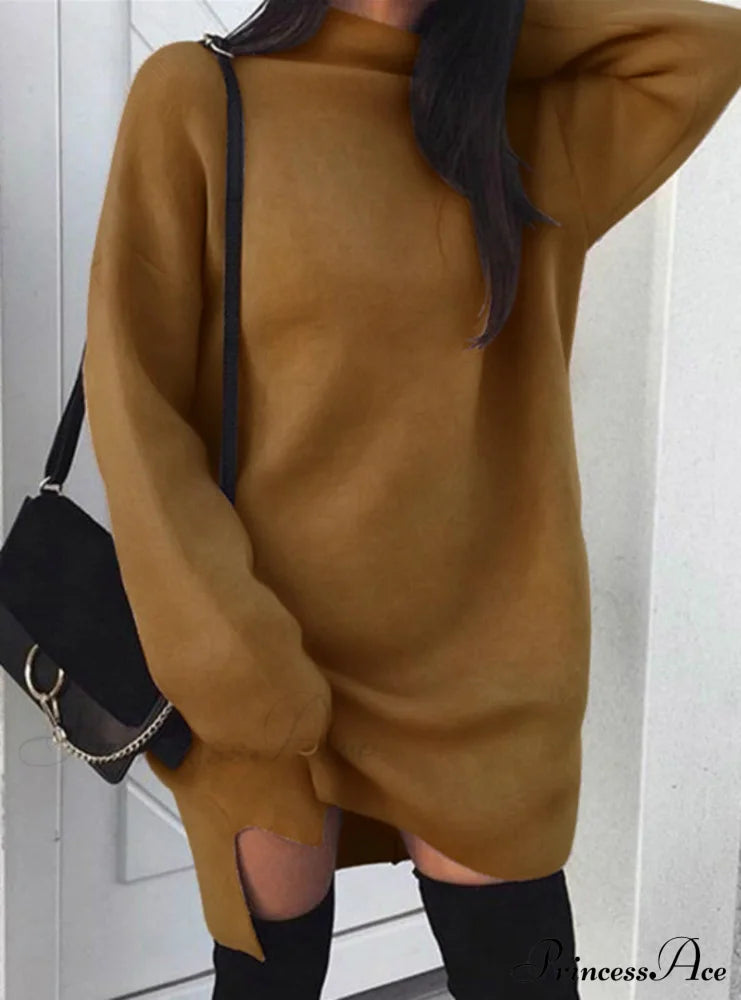 Long Sleeve Jumper Dress - Loose Fit Pullover S / Brown Sweaters-L