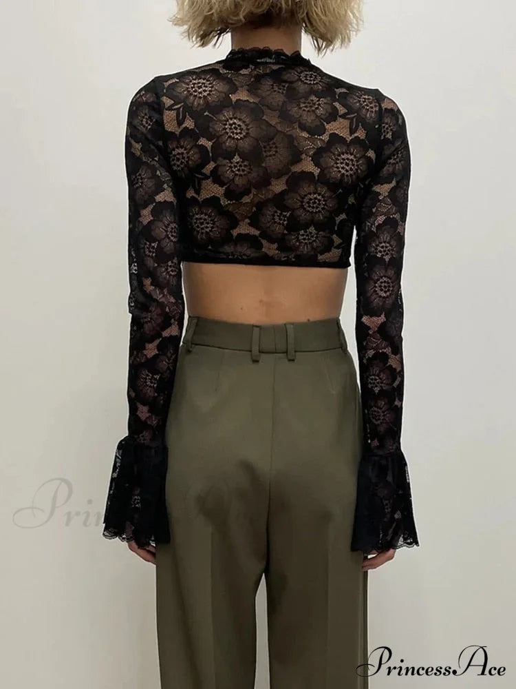 Long Sleeve Lace Charming Mesh Crop Top