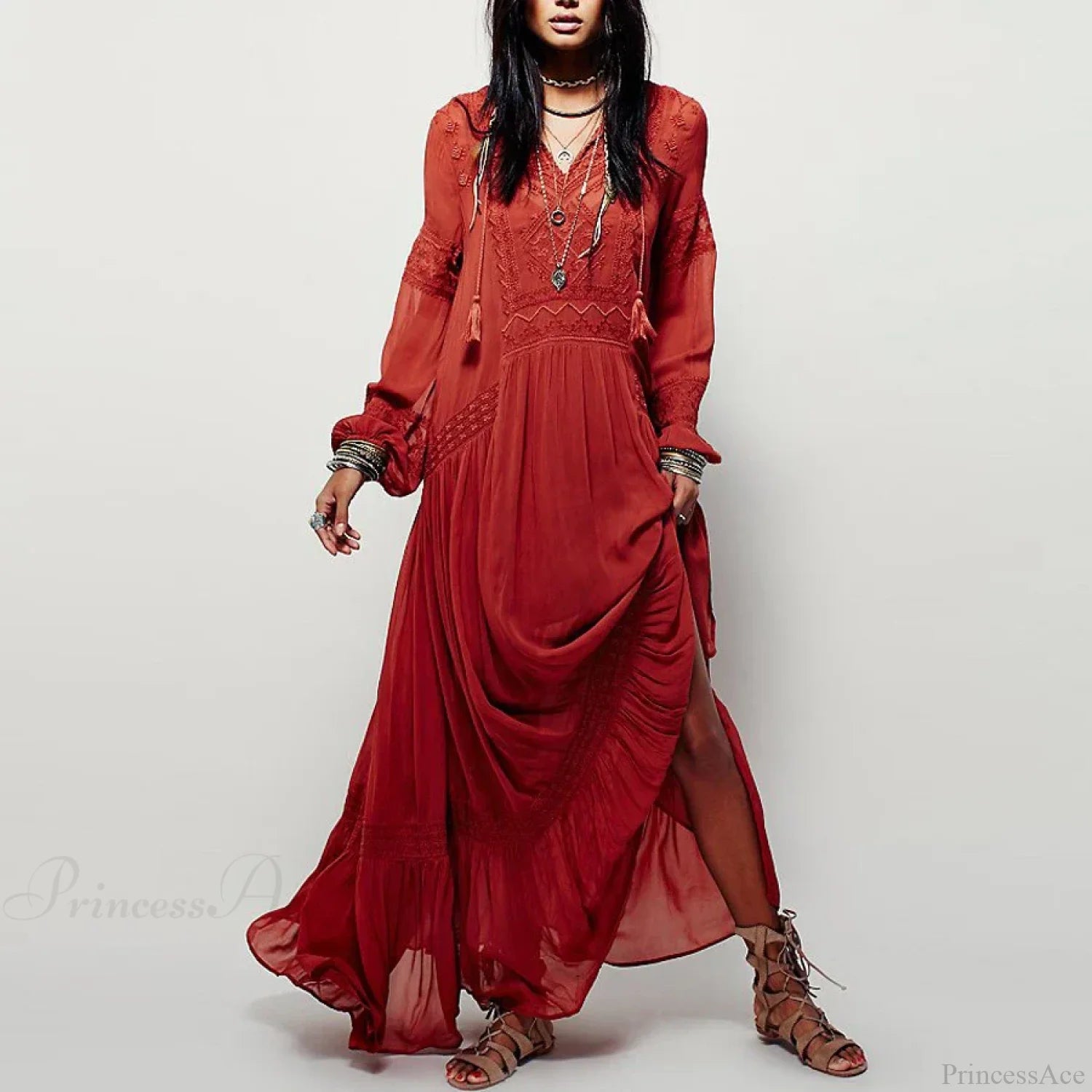 Long Sleeve Maxi Dress Red Floral Embroidery Tassel Boho Dress bohodress-250126