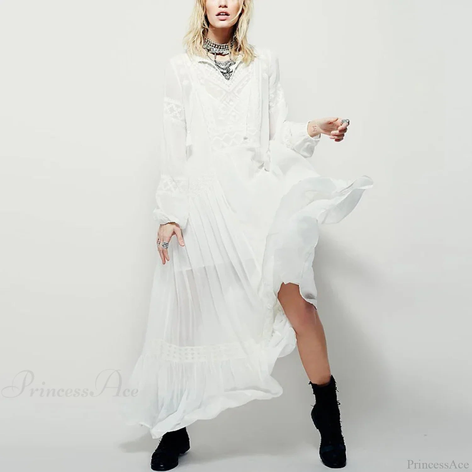 Long Sleeve Maxi Dress Red Floral Embroidery Tassel Boho Dress bohodress-250126