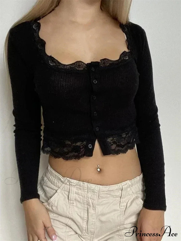 Long Sleeve O Neck Y2K Retro Lace Button Up T-Shirts