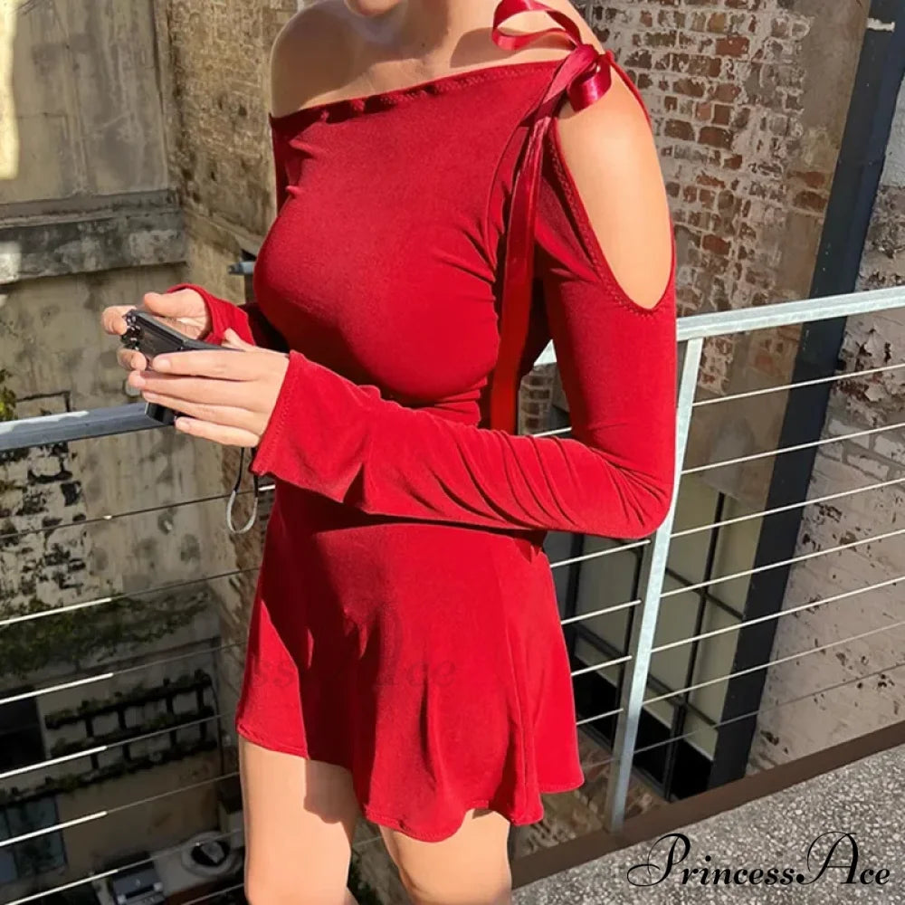 Long Sleeve One Shoulder Graceful Ribbon Tie-Up Mini Dress