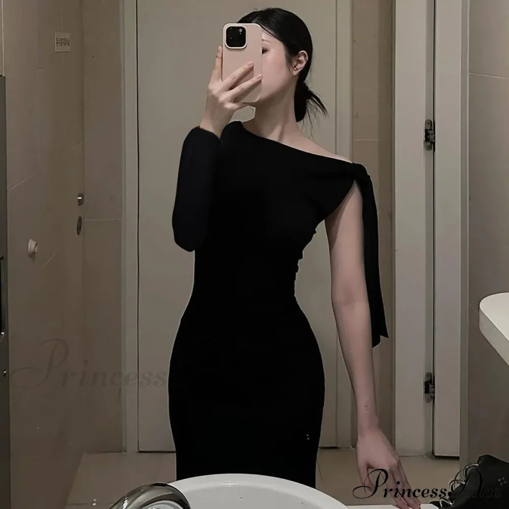 Long Sleeve One Shoulder Graceful Tie Up Bodycon Maxi Dress Fishtail