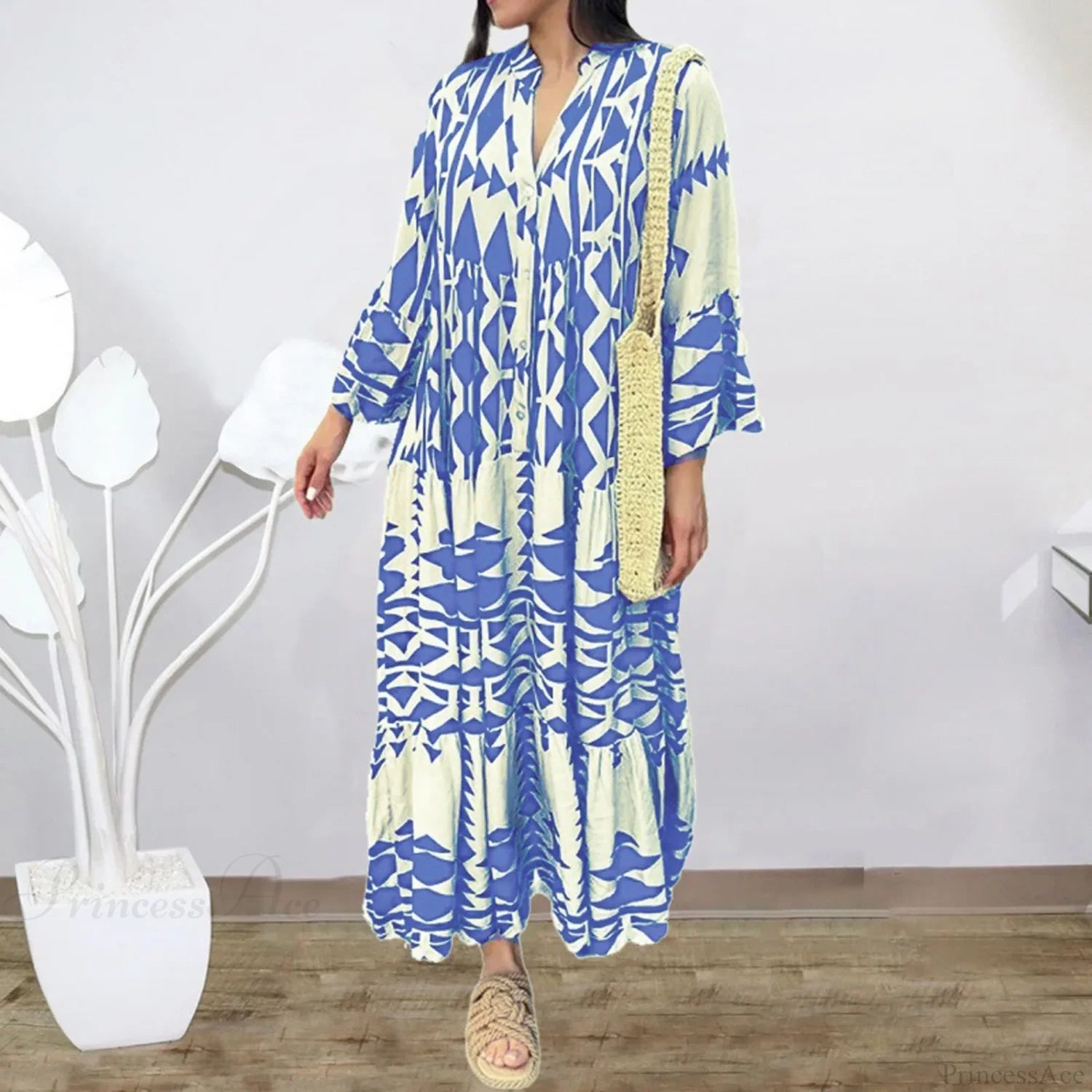 Long Sleeve Pleated Boho Dress BLUE / S bohodress-250126