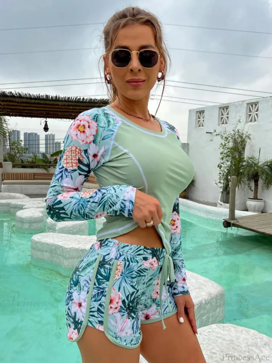 Long Sleeve Rash Guard Shorts Two Piece Set