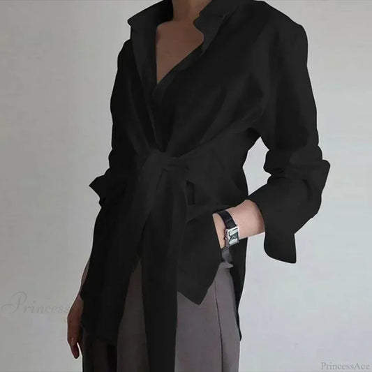 Long Sleeve Ruched Lace-up White Blouse Black / S blouse-250126