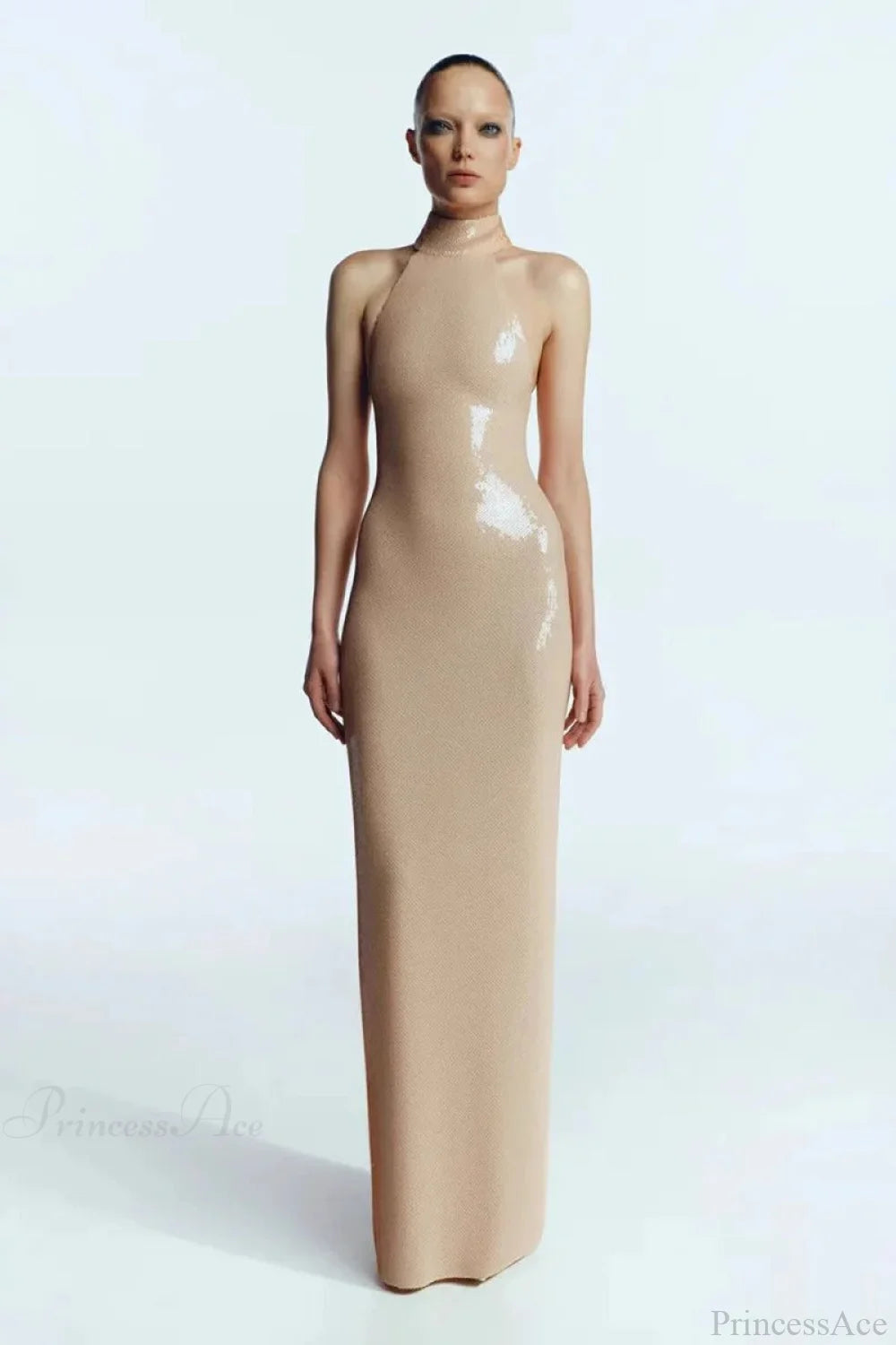 Long-Sleeve Sequin Slit Maxi Prom Dress Beige / XS promdress-250223