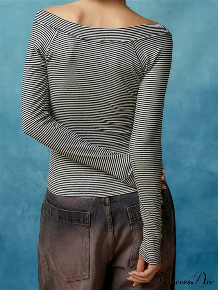 Long Sleeve Slim Colorful Striped Print Slash Neck T-Shirts