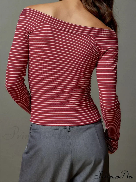 Long Sleeve Slim Colorful Striped Print Slash Neck T-Shirts