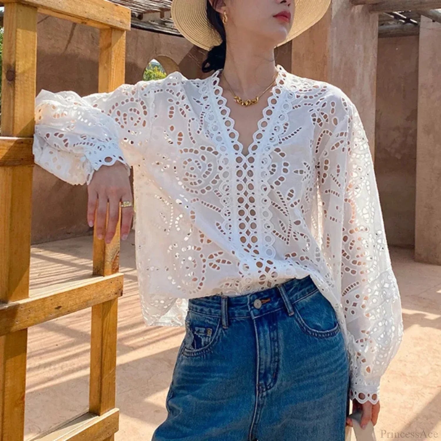 Long Sleeve V-Neck Hollow Out Floral Lace Boho Blouse bohoblouse-250126