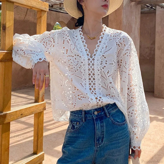 Long Sleeve V-Neck Hollow Out Floral Lace Boho Blouse bohoblouse-250126
