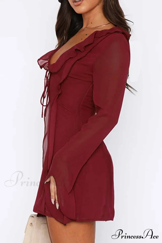 Long Sleeved Ruffled Mini Dress With Lace Up Detail Wine Red / L Dresses