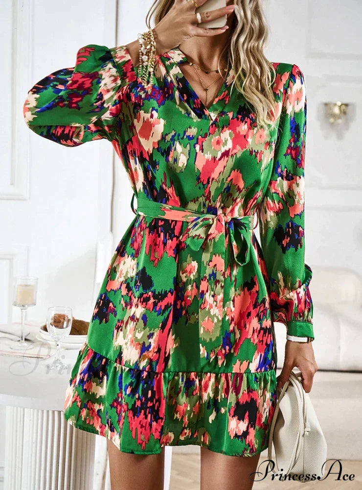 Long-Sleeved Shirt Dress With Print S / Green