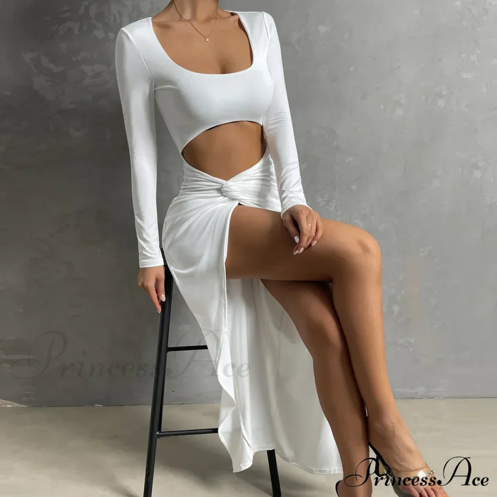 Long-Sleeved Square Neck Long High Split Nightclub Wear Hollow Out Cut Dress