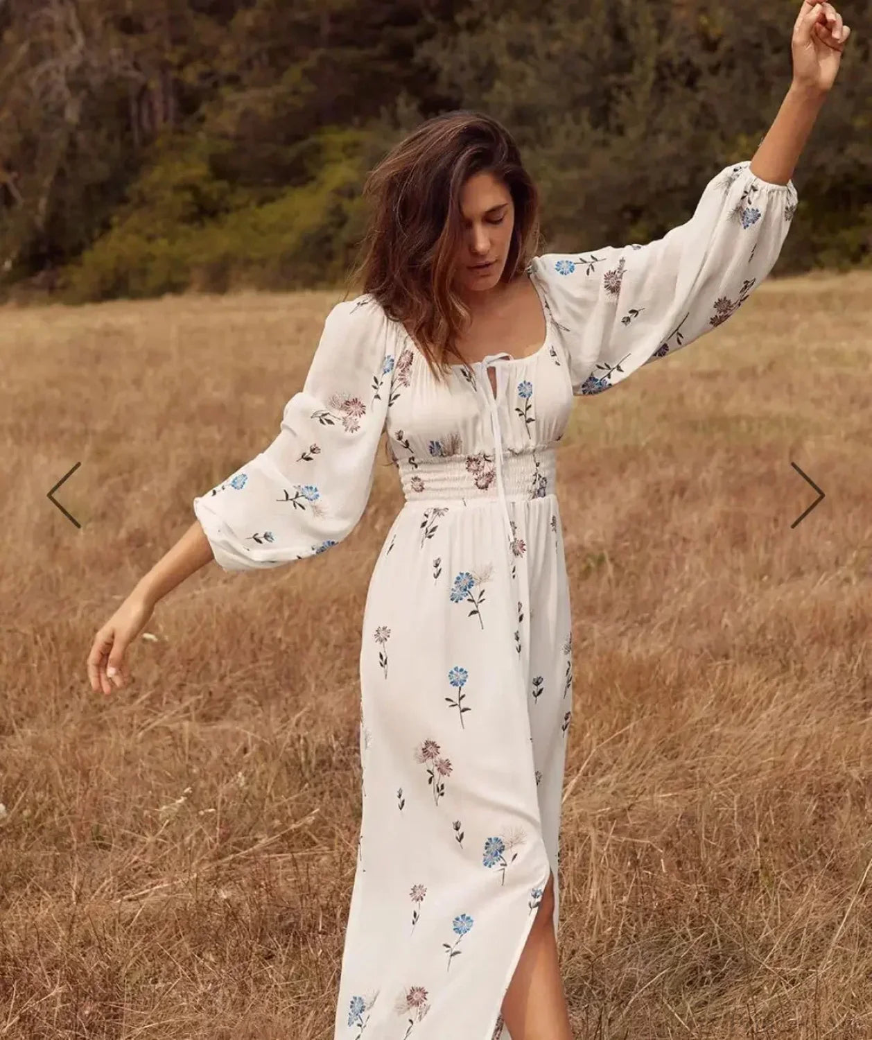 Long-sleeved Stretch Waist Split White Boho Dress bohodress-250126