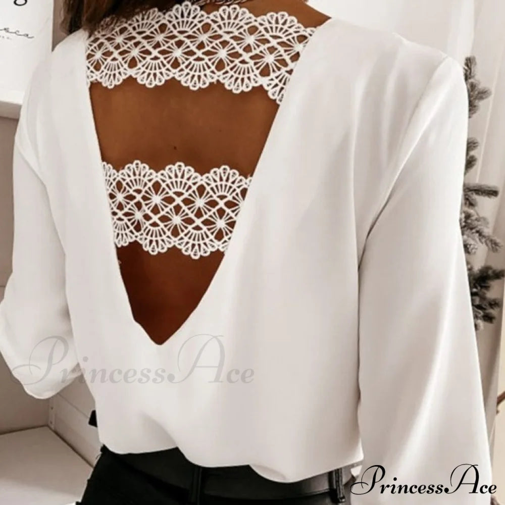 Long-Sleeved White - Pullover V-Neck Stitching Blouse Lace Shirt