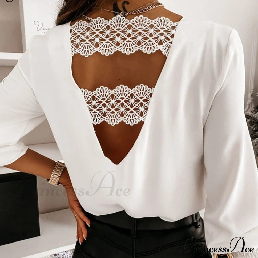 Long-Sleeved White - Pullover V-Neck Stitching Blouse Lace Shirt