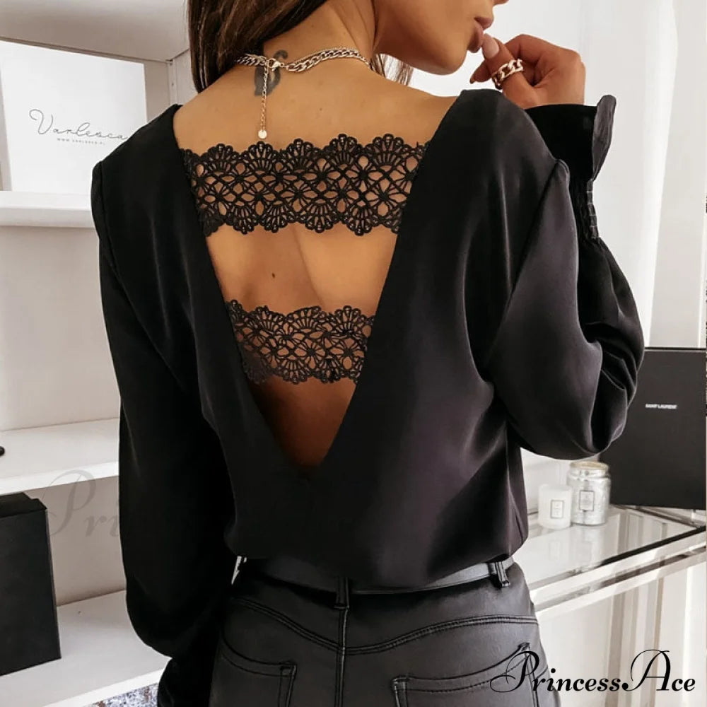 Long-Sleeved White - Pullover V-Neck Stitching Blouse Lace Shirt