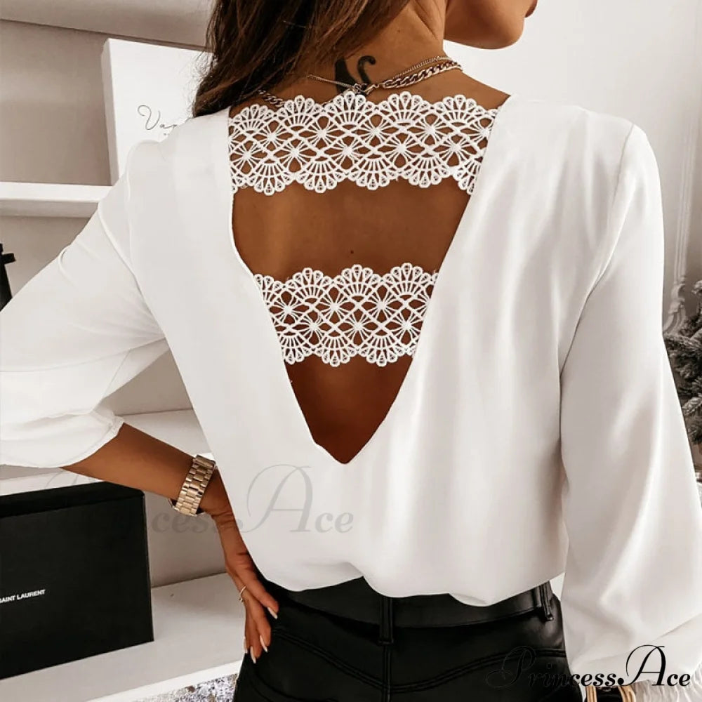Long-Sleeved White - Pullover V-Neck Stitching Blouse Lace Shirt / S