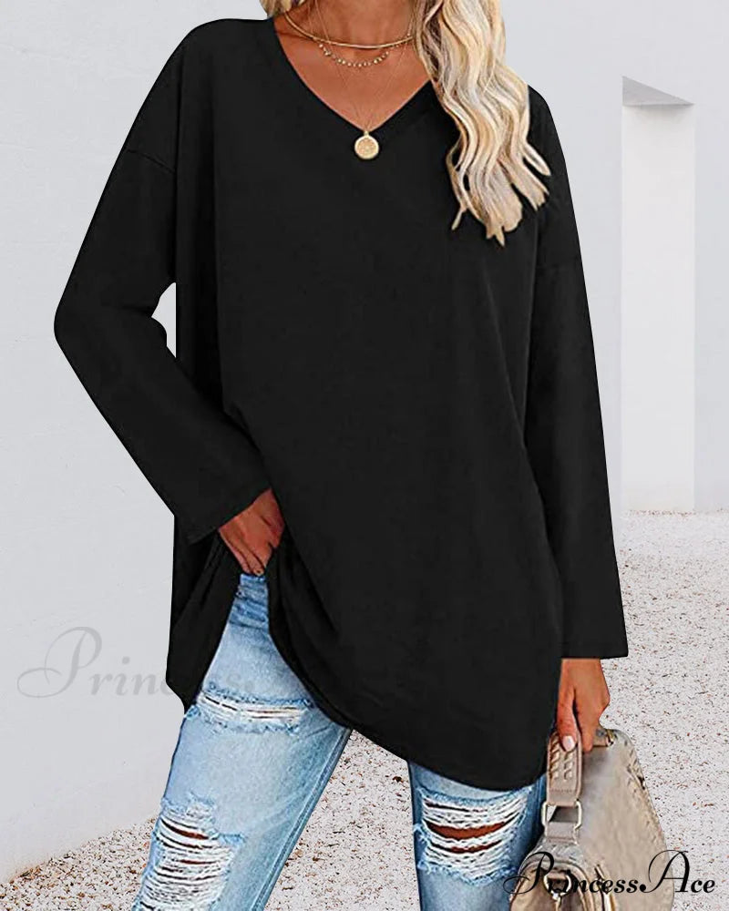 Plain v-neck long-sleeved women's t-shirt Black 2022 F/W 23BF clothes Short Sleeve Tops Spring T-shirts Tops/Blouses