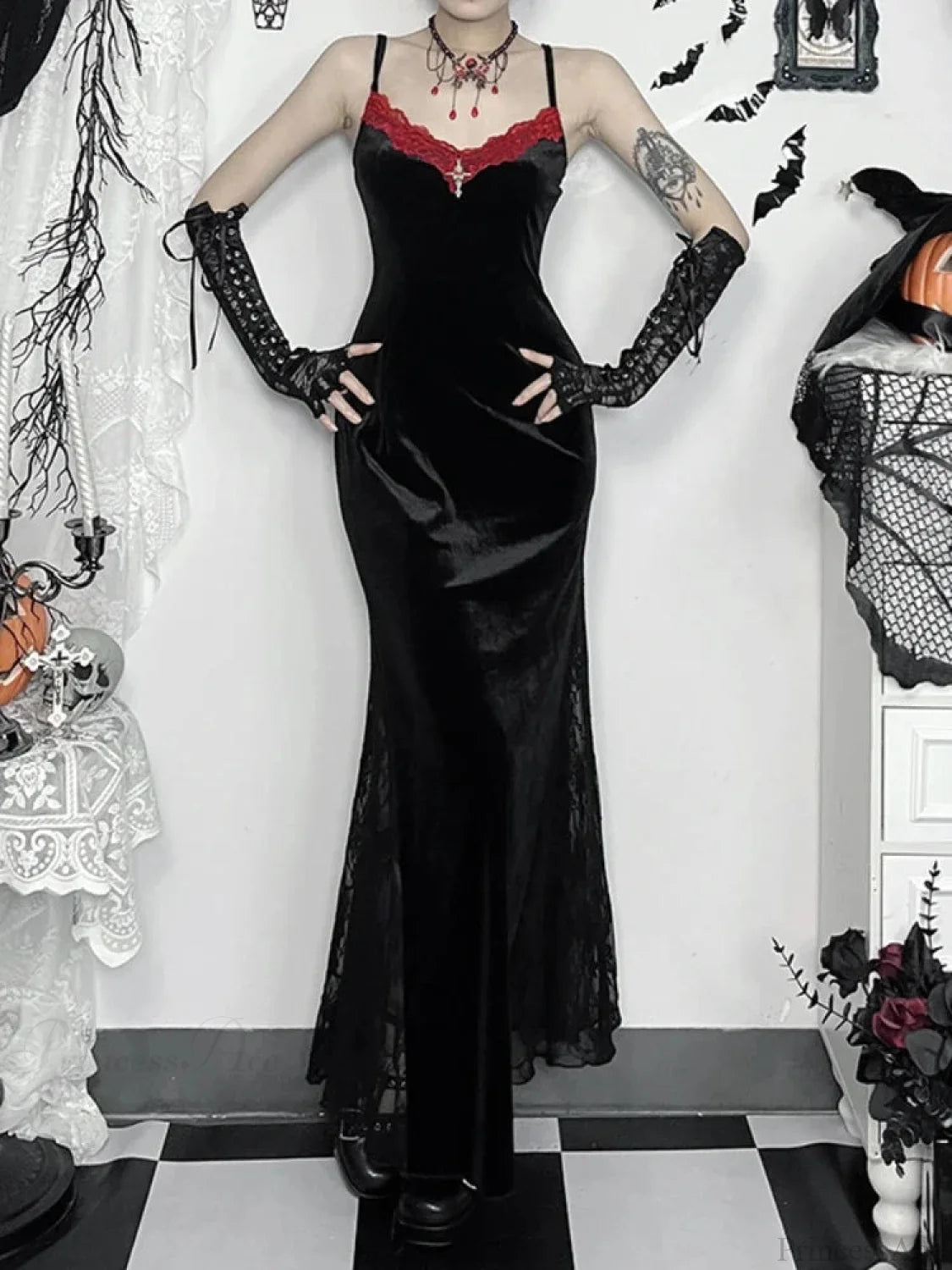 Long Strap Lace Patchwork Maxi Dress Black / S