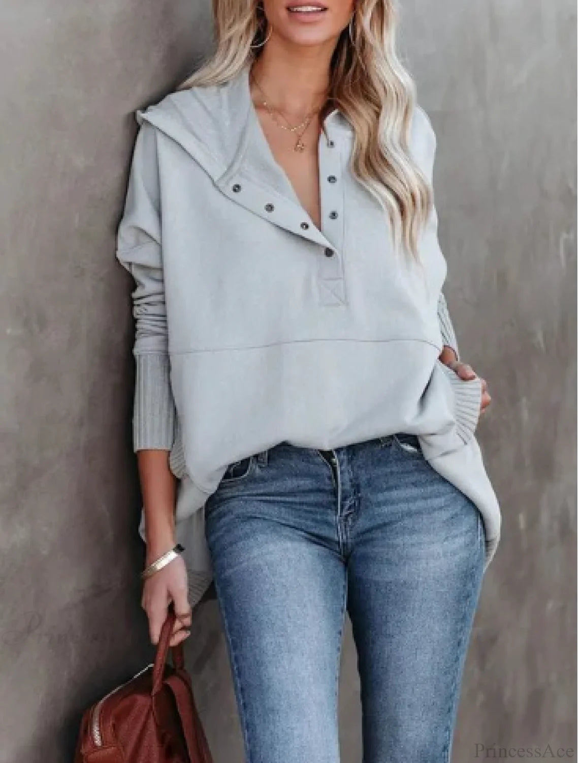 Long Sweatshirt Color Arm Textured Gray Neck Casual Pullover V Women’s Solid Top / S