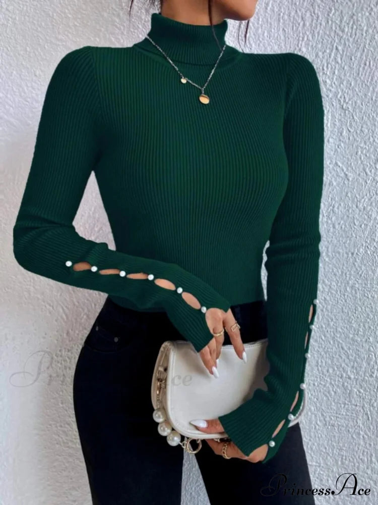 Cutout Turtleneck Rib-Knit Long sleeve Top Deep Teal C.J@MZ clothes long sleeve shirt long sleeve shirts Ship From Overseas shirt shirts top tops turtleneck shirt