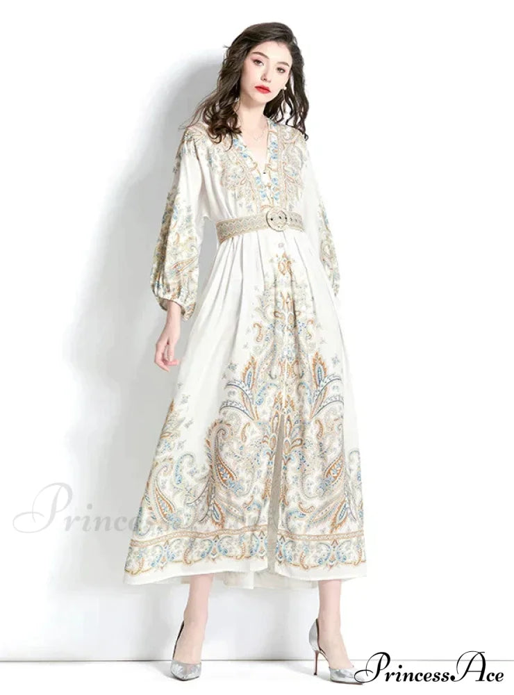 Long V-Neck Patterned Dress L / White