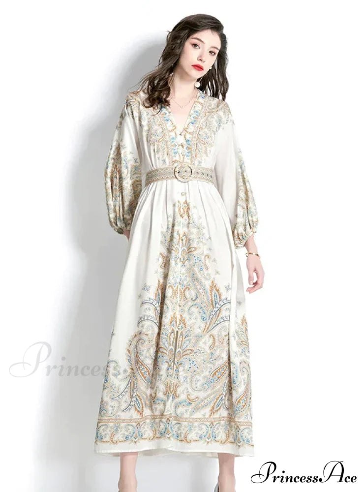 Long V-Neck Patterned Dress M / Black