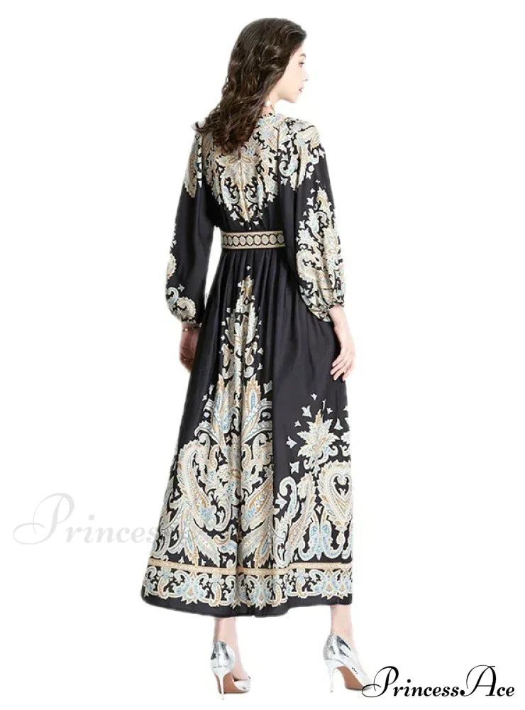 Long V-Neck Patterned Dress M / White