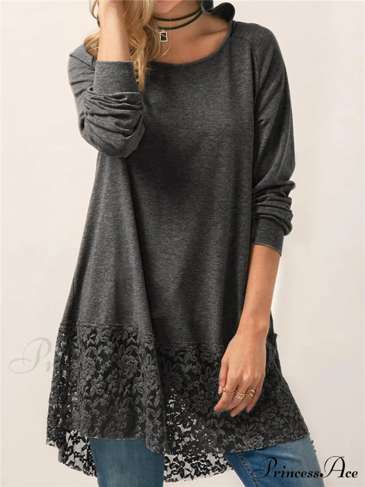 Long With Women Lace Patchwork Arm T-Shirt Hood Gray / M Tops