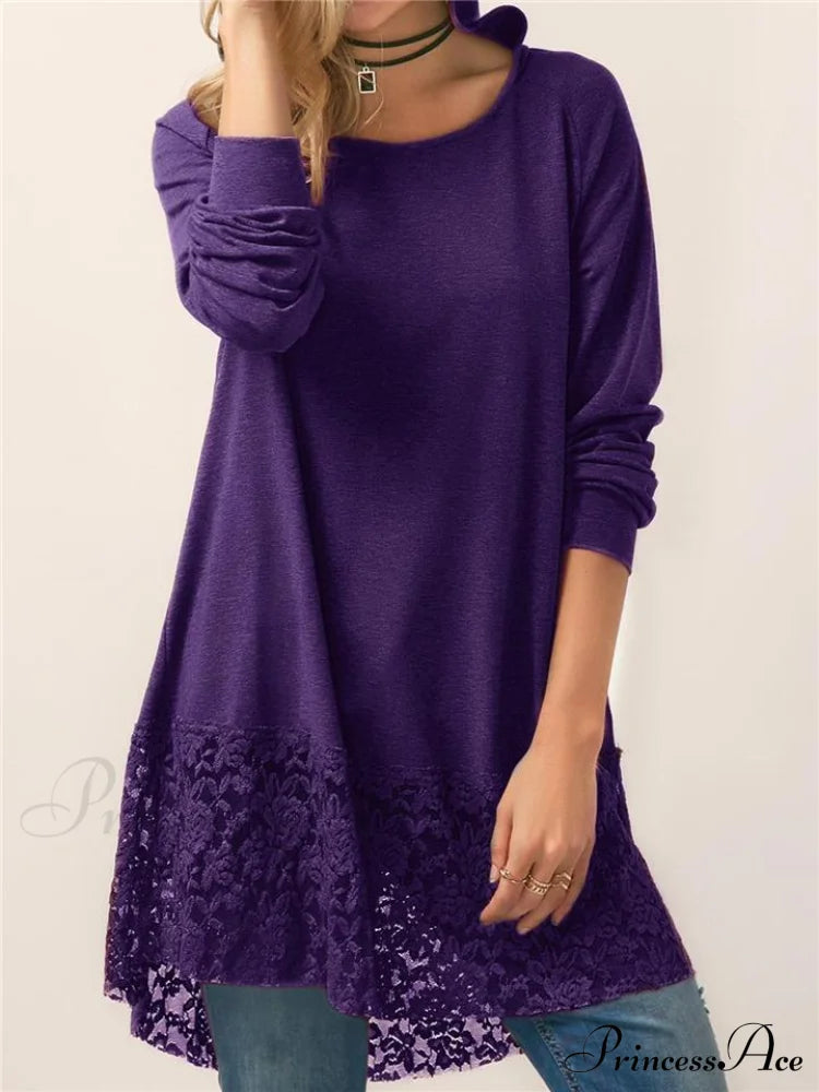 Long With Women Lace Patchwork Arm T-Shirt Hood Purple / M Tops
