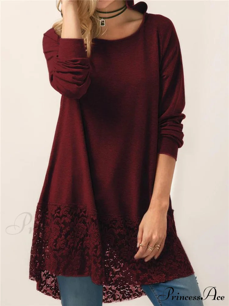 Long With Women Lace Patchwork Arm T-Shirt Hood Tops