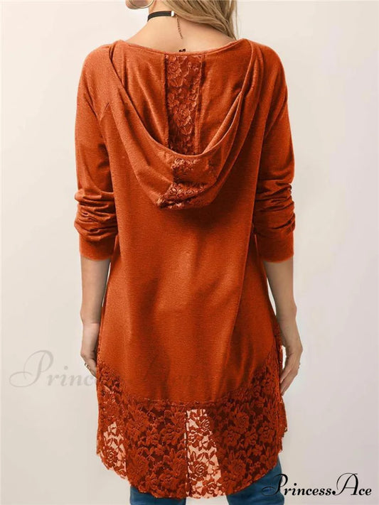 Long With Women Lace Patchwork Arm T-Shirt Hood Tops