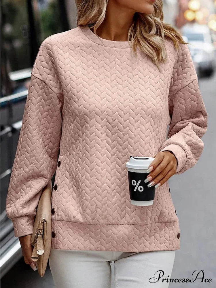 Long Women’s Arm Round Color Solid Sweatshirt Pink Casual Neck Pullover Top