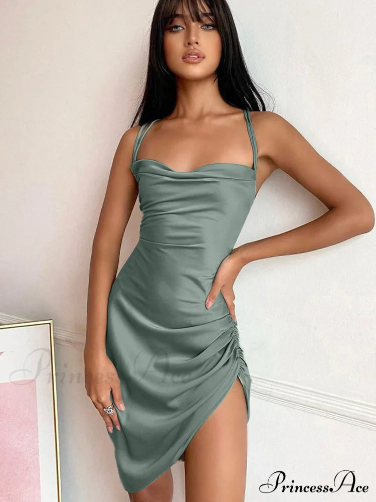 Look At Her Charming Wow Satin Mini Dress Dark Green / S Club Dresses