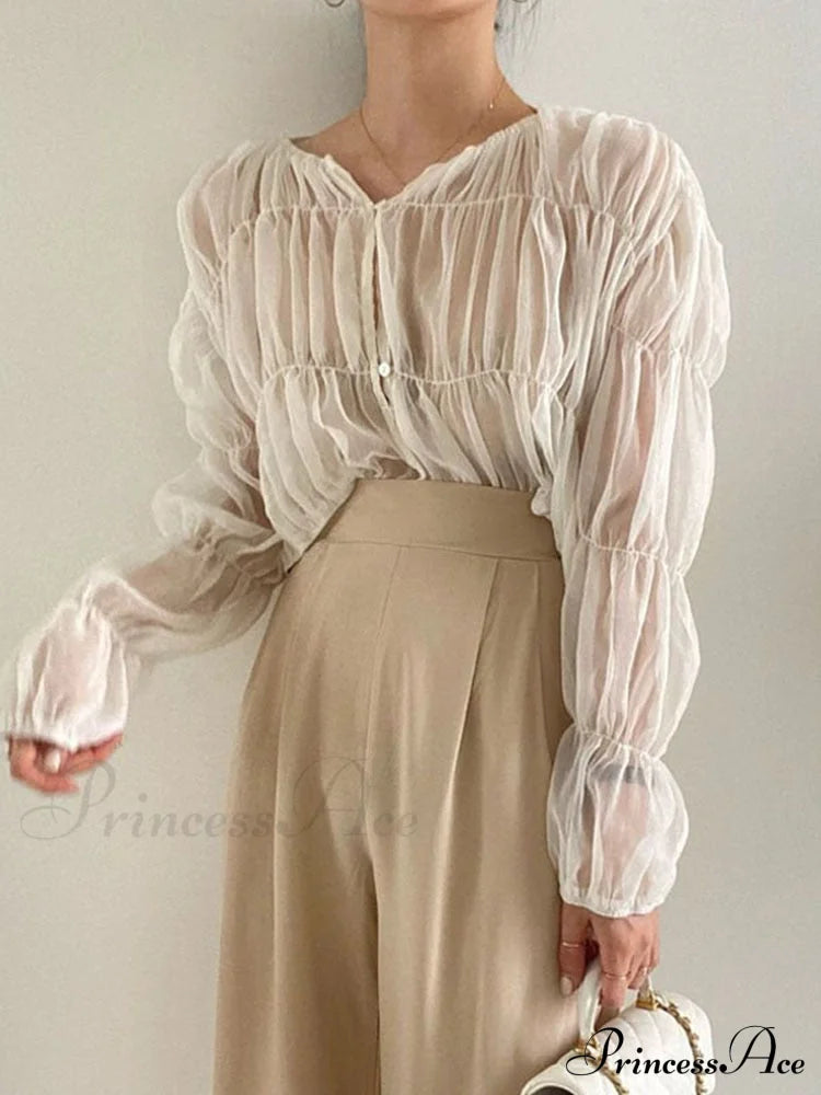 Loose Blouse Blusas Long Women Arm Perspective Tops Chiffon Folds Fashion Korean Casual Folded