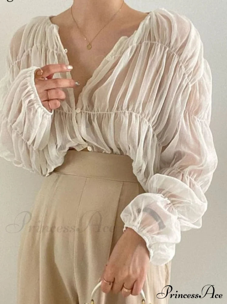 Loose Blouse Blusas Long Women Arm Perspective Tops Chiffon Folds Fashion Korean Casual Folded