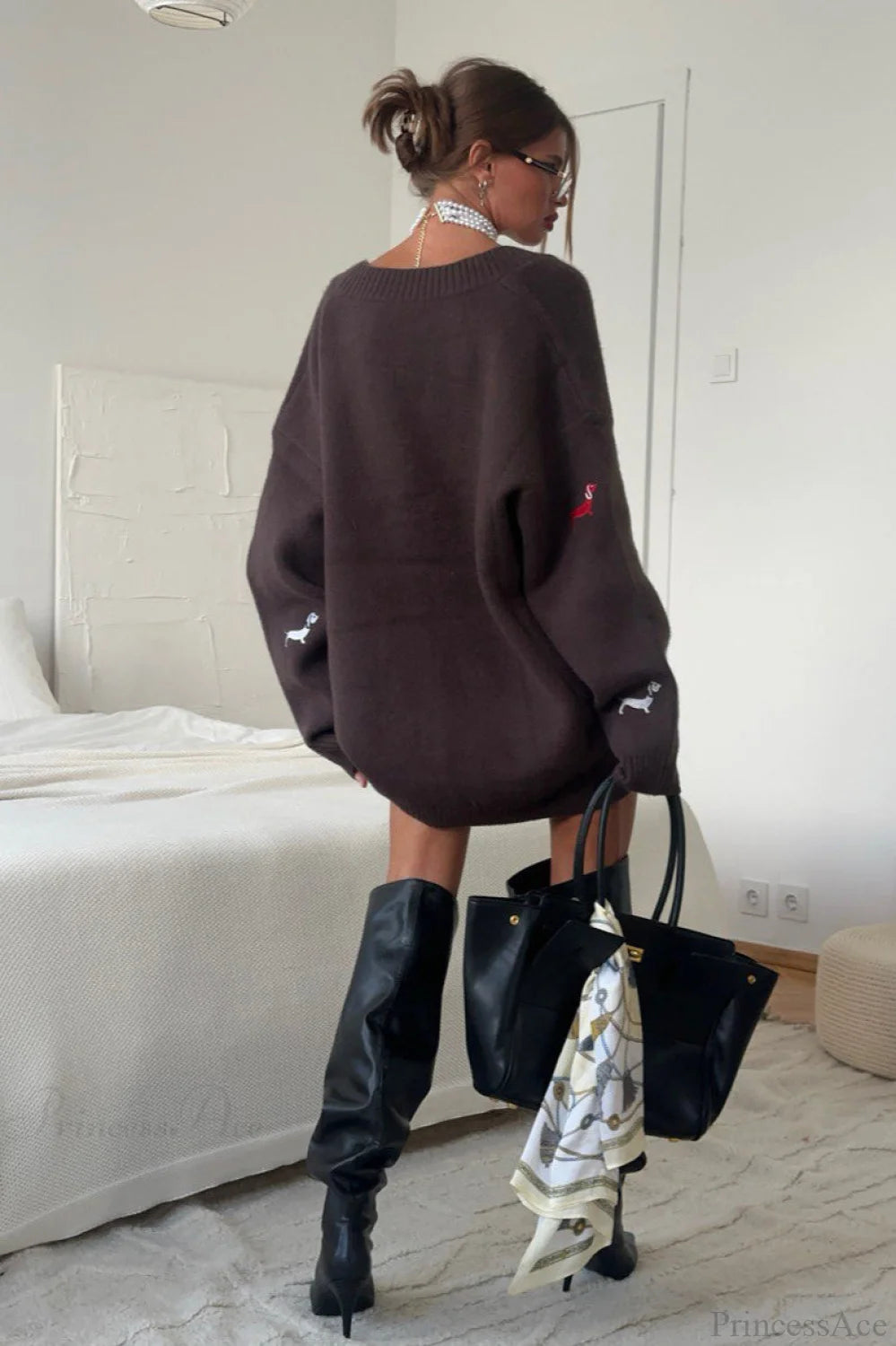 Loose Dachshund Embroidery Knit Button Cardigan