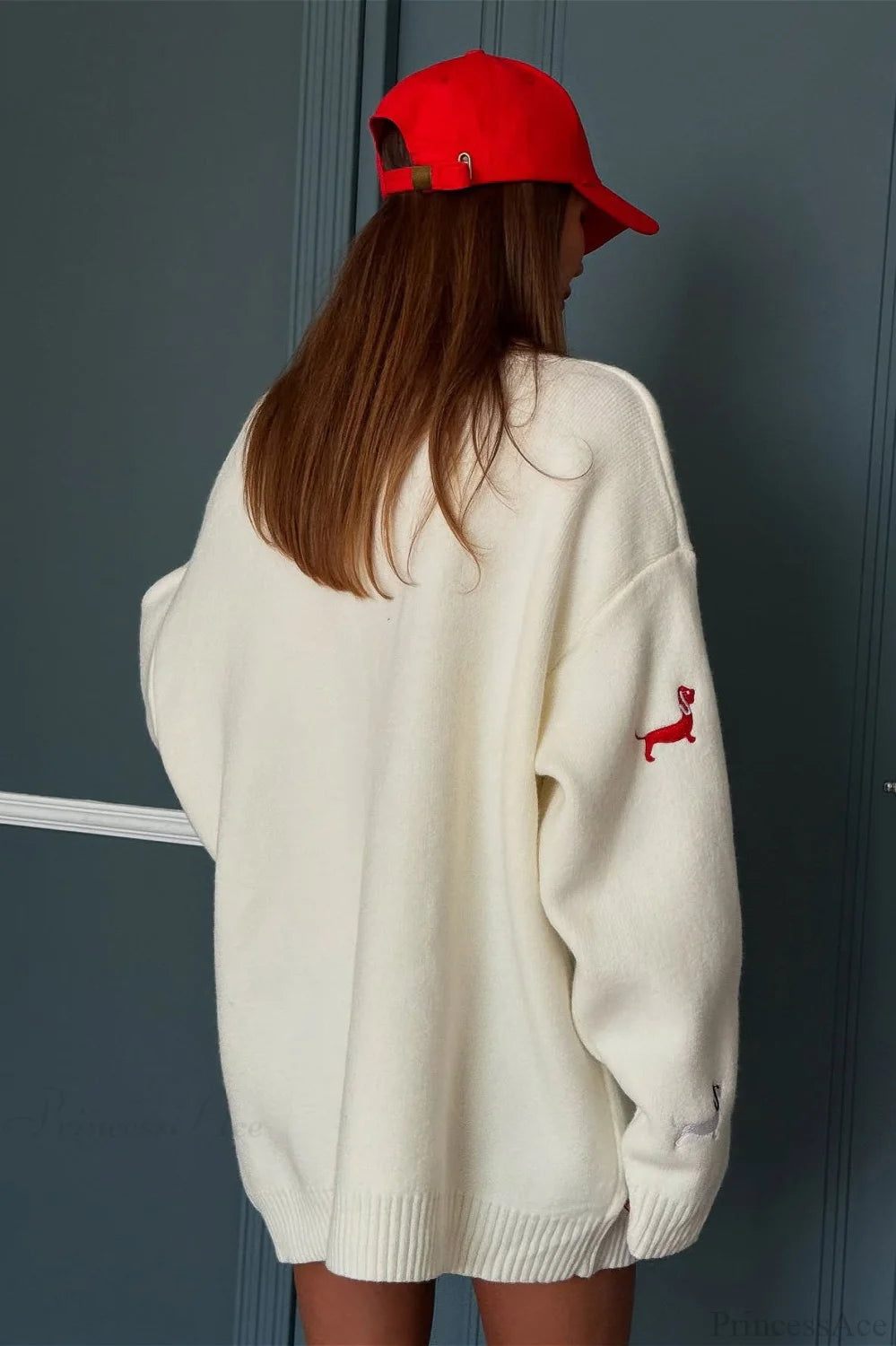 Loose Dachshund Embroidery Knit Button Cardigan