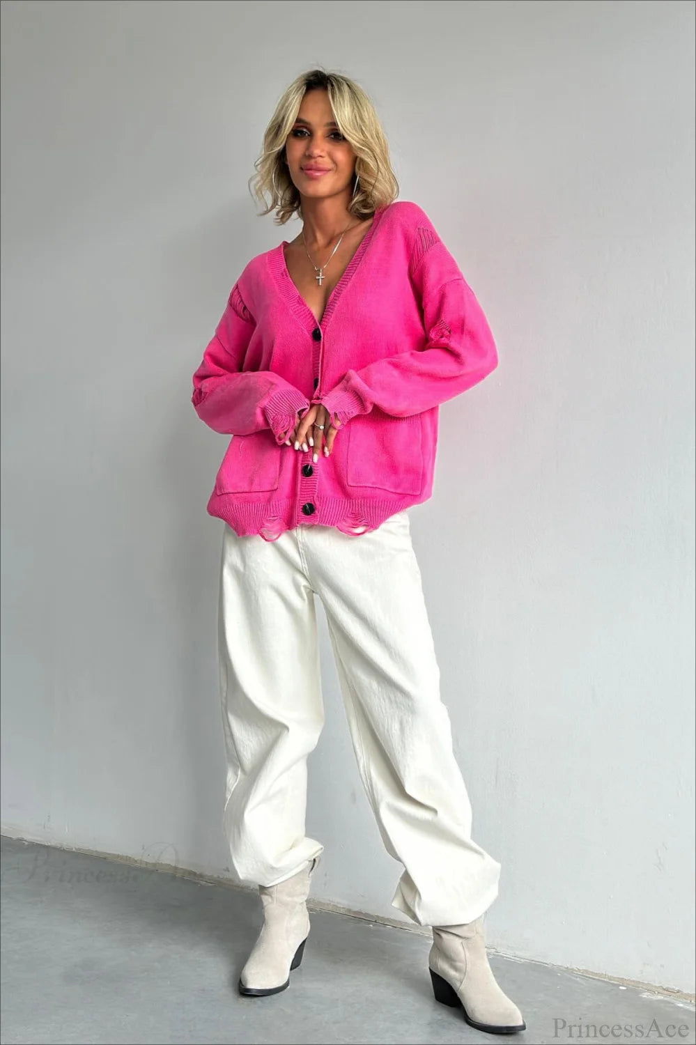 Loose Deep V Neck Knit Button Cardigan