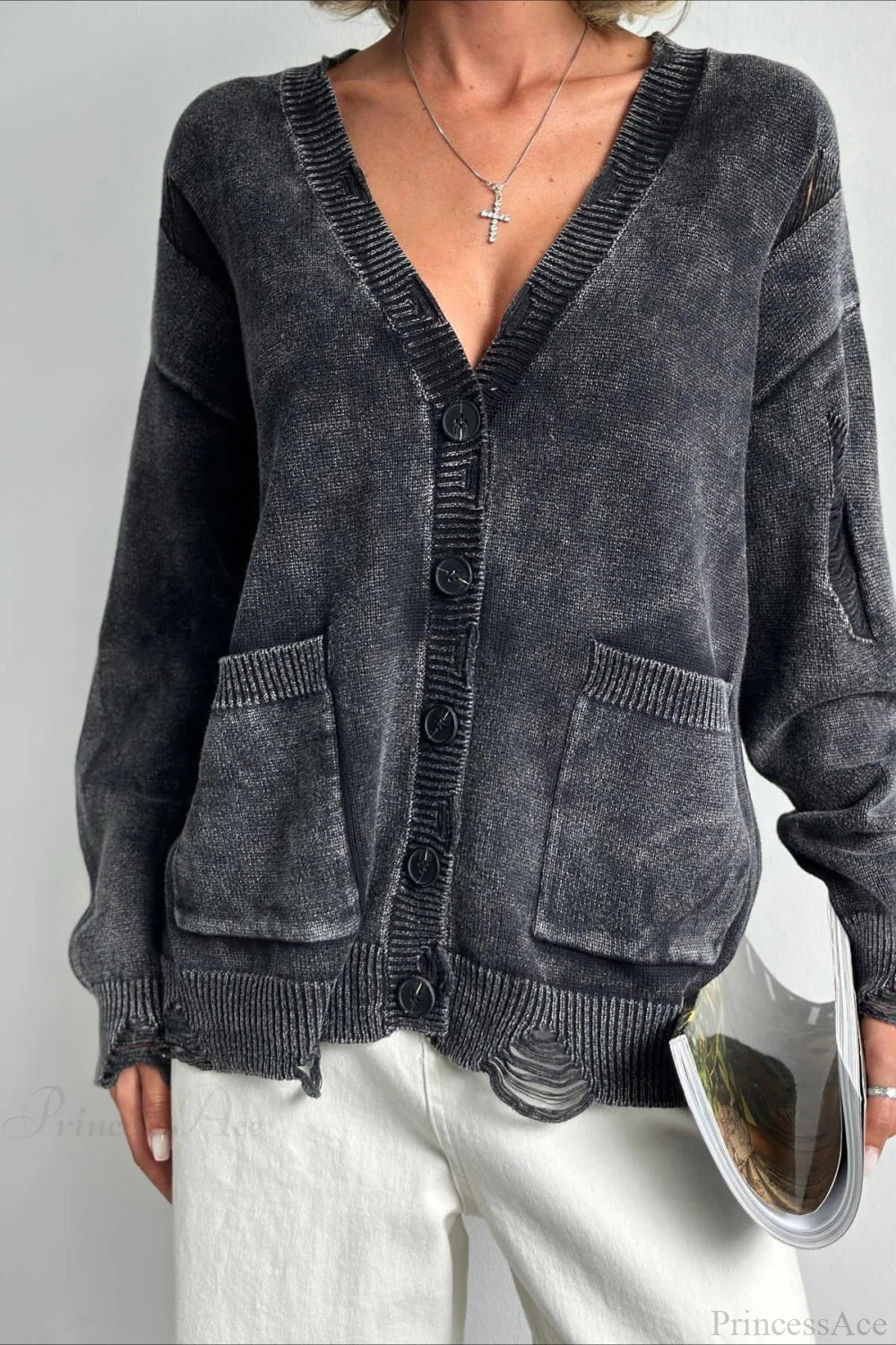 Loose Deep V Neck Knit Button Cardigan