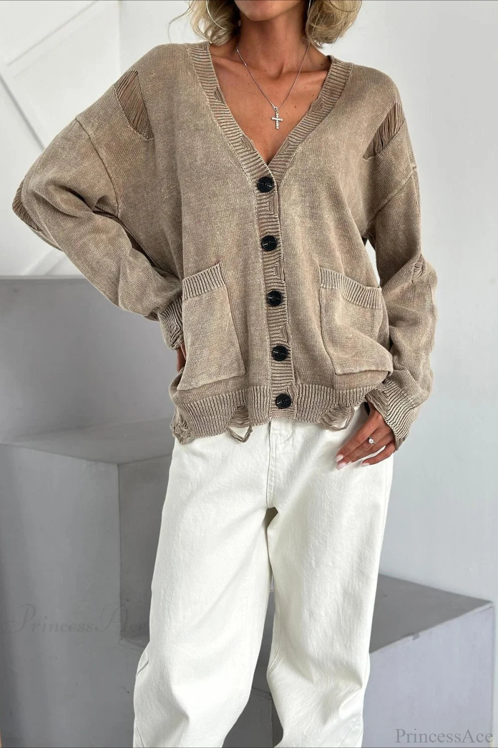 Loose Deep V Neck Knit Button Cardigan Brown / S