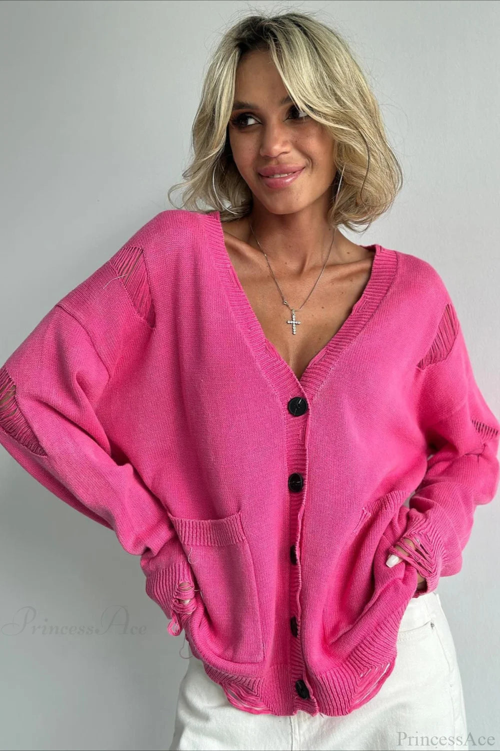 Loose Deep V Neck Knit Button Cardigan Pink / S
