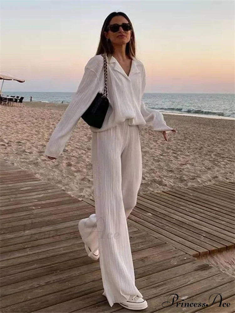 Loose - Down Piece Sets Button Spring And Women 2 Folded Streetwear Blouse Straight-Leg Warm-Season