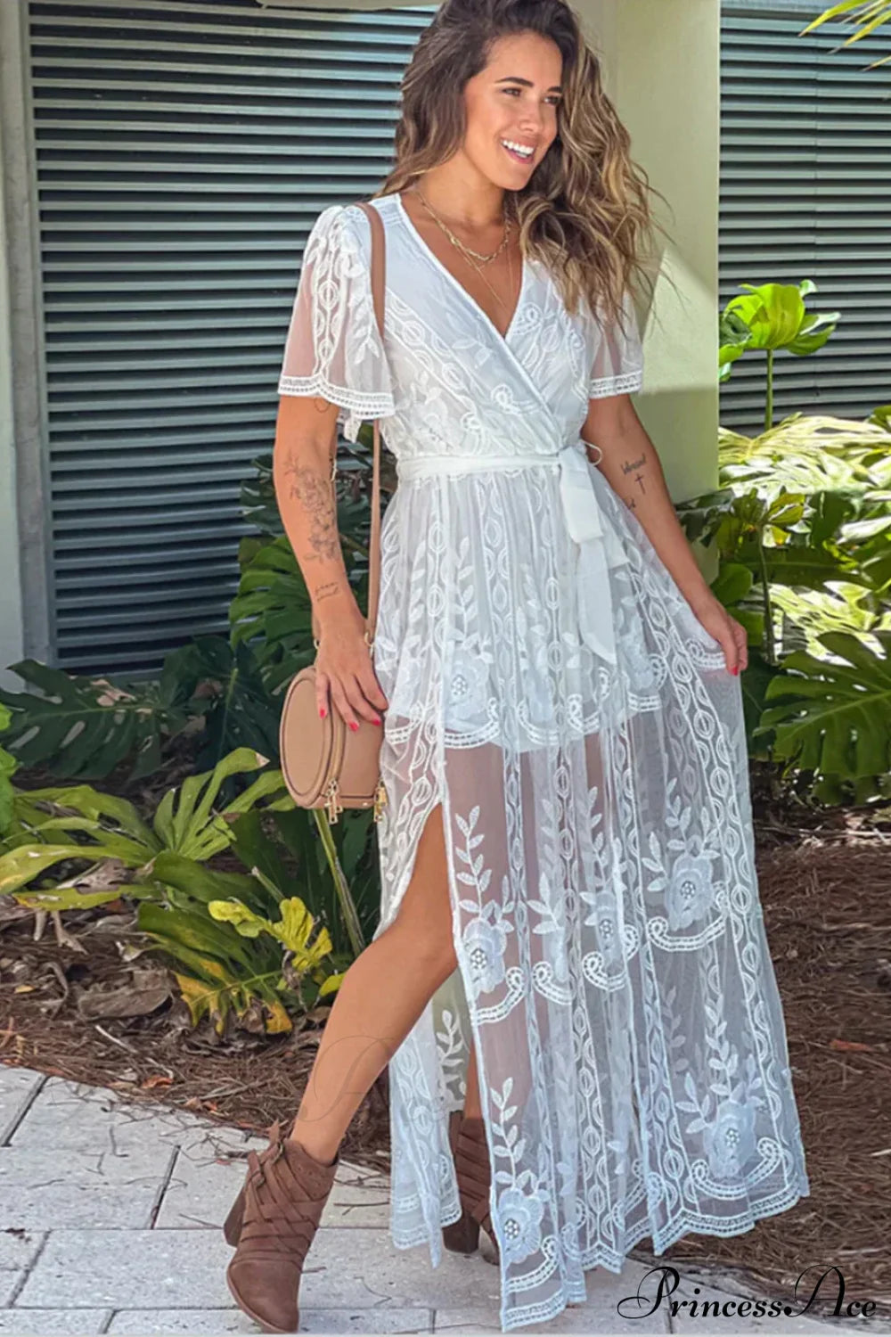 Loose Embroidery White Lace Maxi Boho Dress