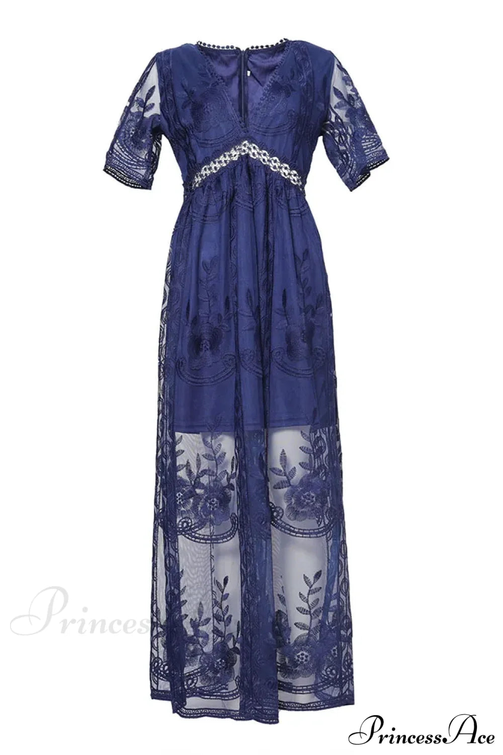 Loose Embroidery White Lace Maxi Boho Dress Darkblue / S
