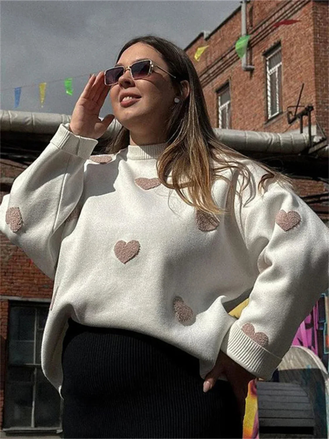 Loose Fashion Patchwork Long Sleeve Sweater Khaki / S